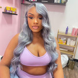 Grey Lace Front Human Hair Wigs Natural Wave Transparent Lace Wig