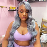 Grey Lace Front Human Hair Wigs Natural Wave Transparent Lace Wig