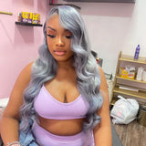 Grey Lace Front Human Hair Wigs Natural Wave Transparent Lace Wig